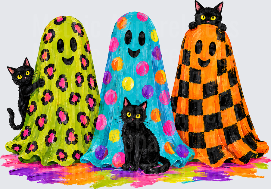 Halloween Bright And Fun Colorful Patterned Ghosts With Black Cats Leopard Polka Dot Checkered Retro Halloween Trio