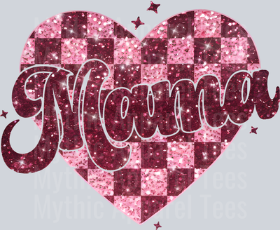 mama heart checkers glitter style pink and dark pink DTF Valentines Day Transfers