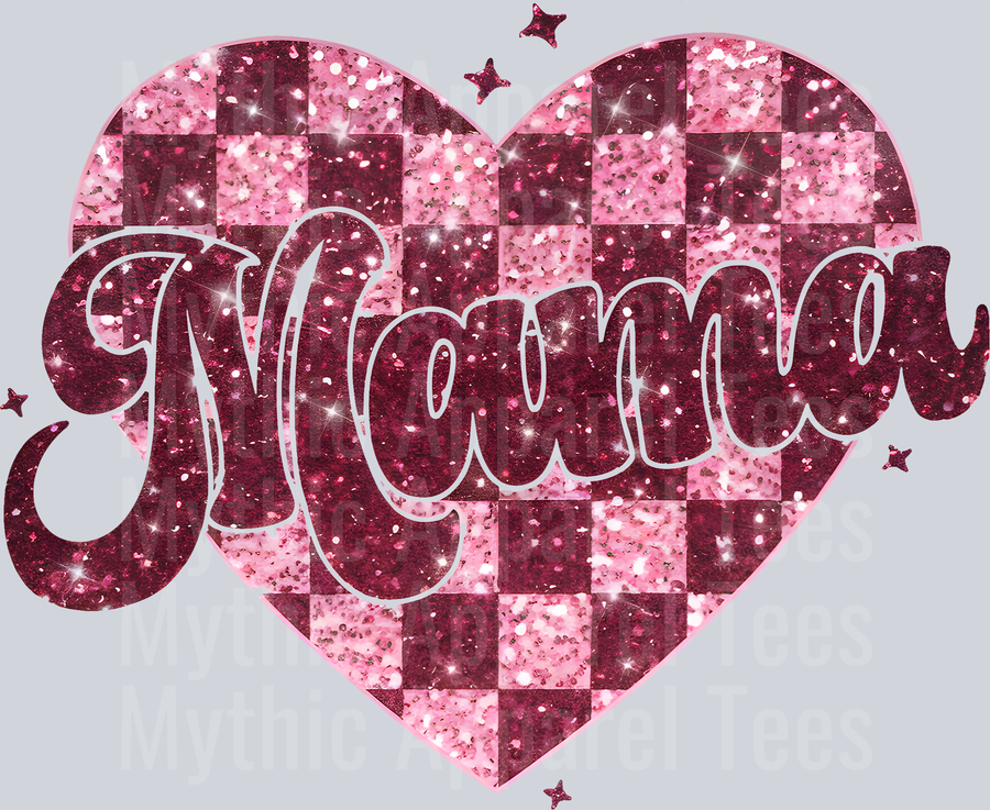 mama heart checkers glitter style pink and dark pink DTF Valentines Day Transfers