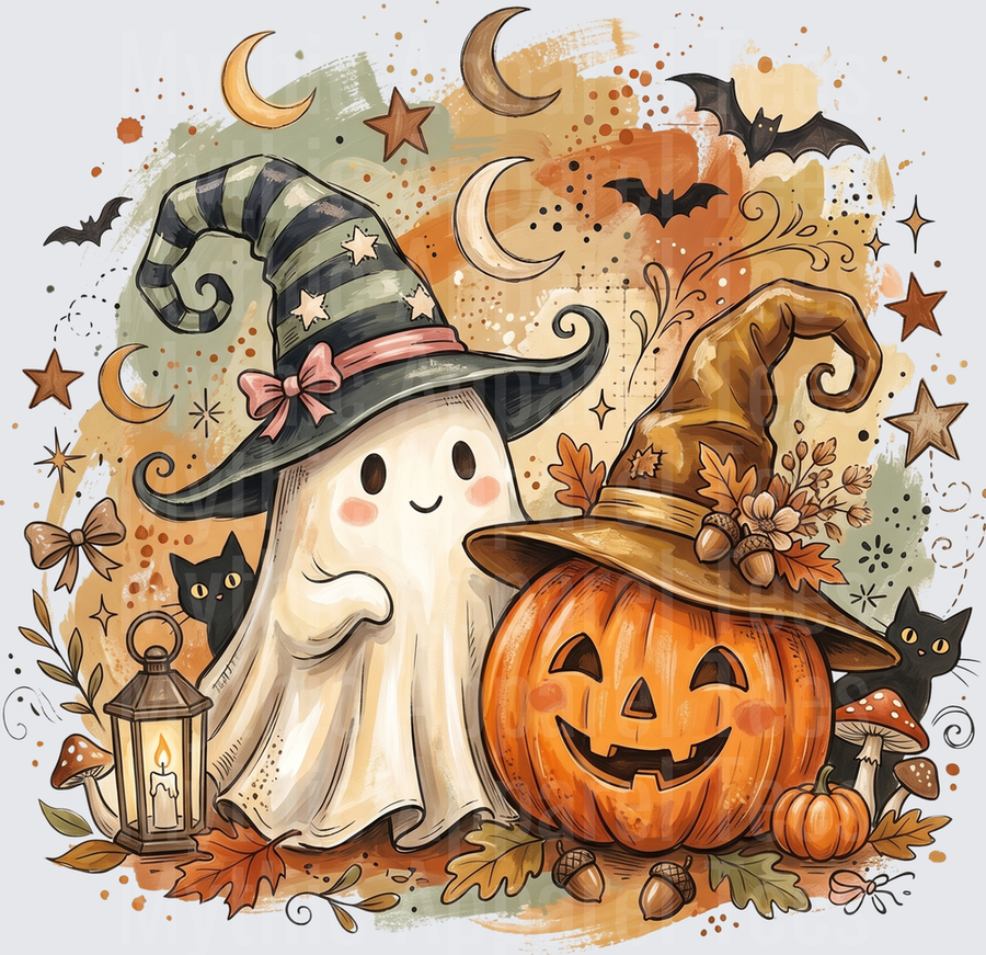 Halloween Cute Ghost Witch Hat Jack-O-Lantern Fall Scene