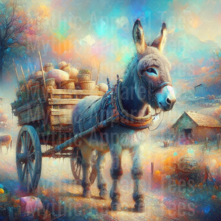 Colorful Impressionist Donkey Pulling Wooden Cart Filled With Baskets on Rustic Farm Landscape