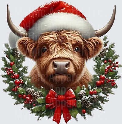 Highland Christmas Cow Santa Hat Wreath Holly Berries