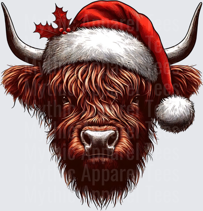Highland Christmas Cow Santa Hat Holly Portrait with Horns