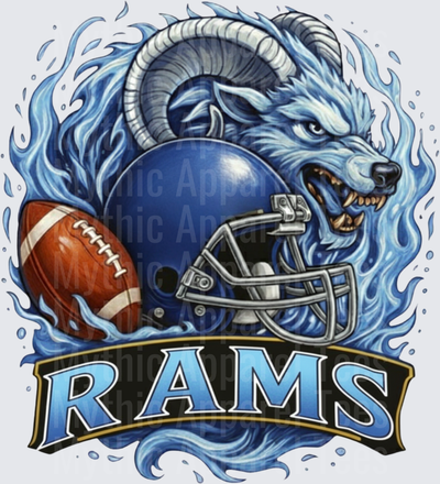 Fierce Blue Rams Mascot with Curled Horns Blue Flames Football Helmet and Ball Banner Design