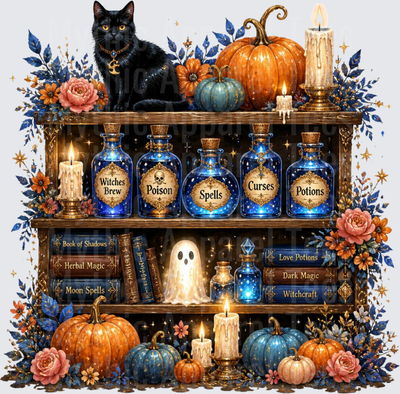 Halloween Witch Bookshelf Black Cat Potions Ghost Pumpkins