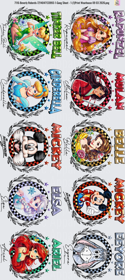 Gang Sheet FULL SIZE DESIGNS Disney Princess Characters Circular Frames with Names Tinker Bell Rapunzel Cinderella Mulan Mickey Mouse Belle Elsa Ariel Frozen
