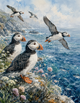 Ocean Animals Atlantic Puffins Coastal Cliff Watercolor Scene
