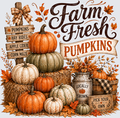 Farm Fresh Pumpkins Autumn Harvest Scene with Hay Bales Rustic Wooden Signs Locally Grown Pick Your Own Fall Foliage Buffalo Plaid Bow