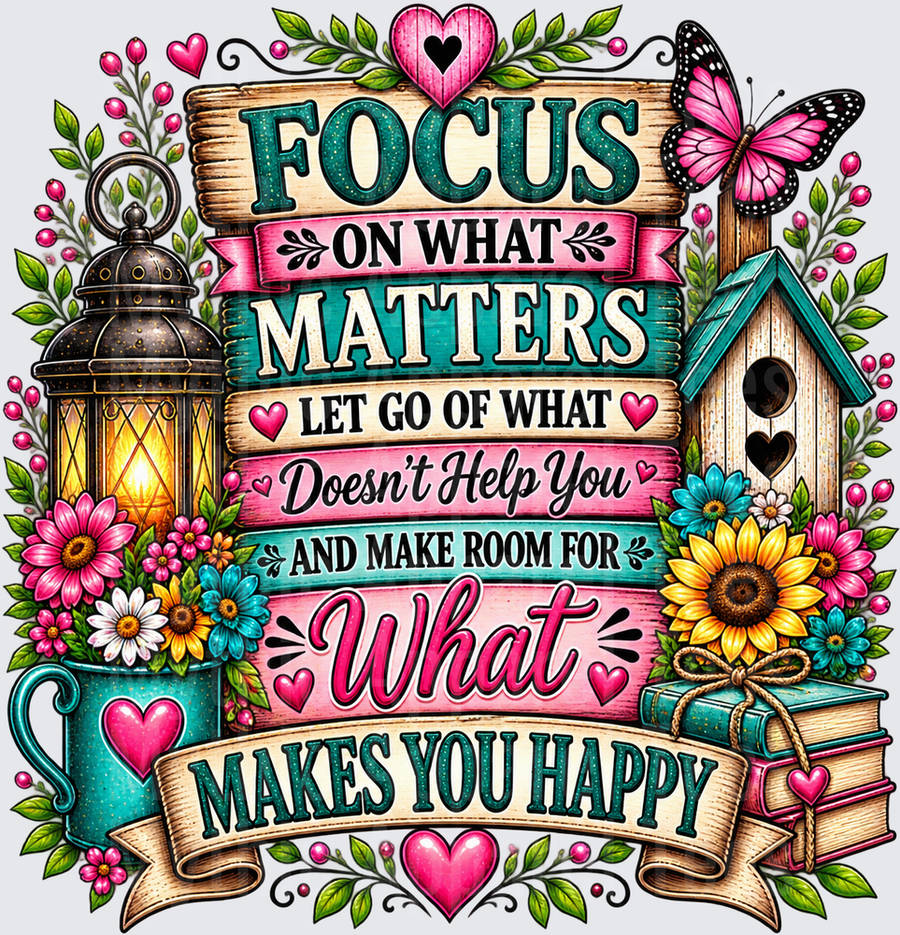 Focus On What Matters Let Go Of What Doesn't Help You And Make Room For What Makes You Happy Floral Lantern Birdhouse Inspirational Quote