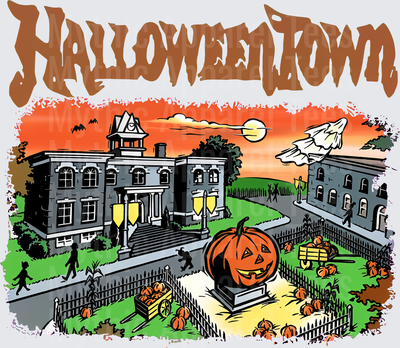 Halloweentown Disney Movie Town Square Giant Jack-O-Lantern Statue Spooky Buildings Orange Sky Bats Ghost Halloween Scene