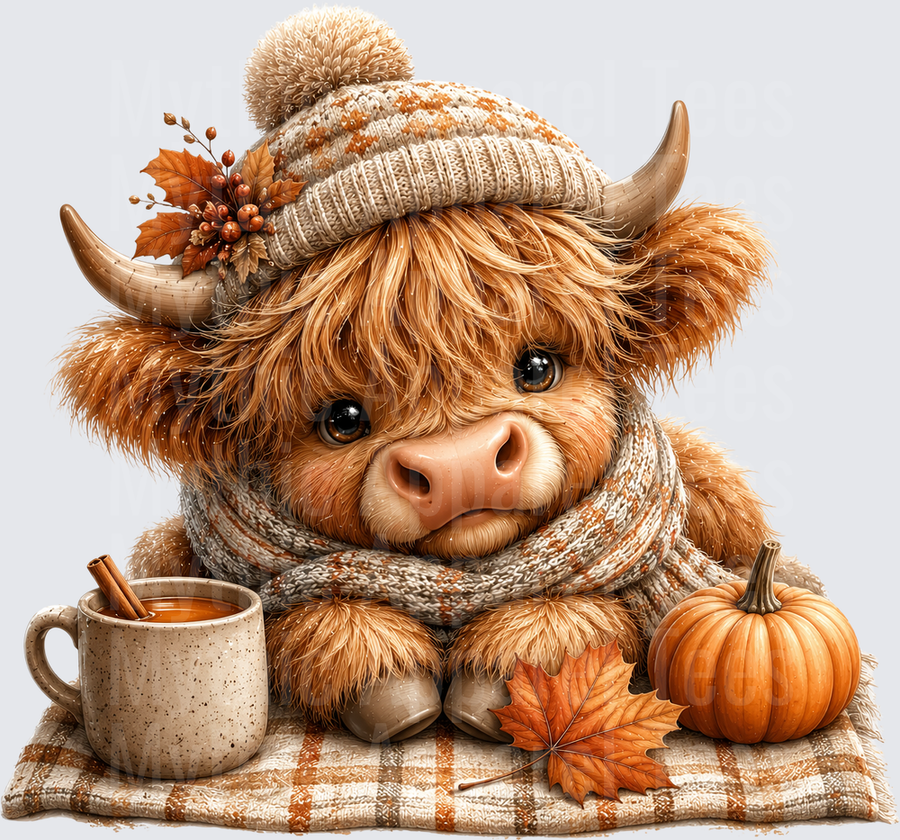 Cozy Autumn Highland Cow with Knit Beanie Scarf Pumpkin Spice Latte and Fall Leaves on Plaid Blanket