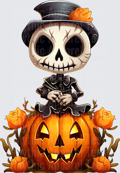 Chibi Skeleton Figure in Top Hat and Black Suit Sitting on Glowing Jack-O-Lantern with Orange Roses