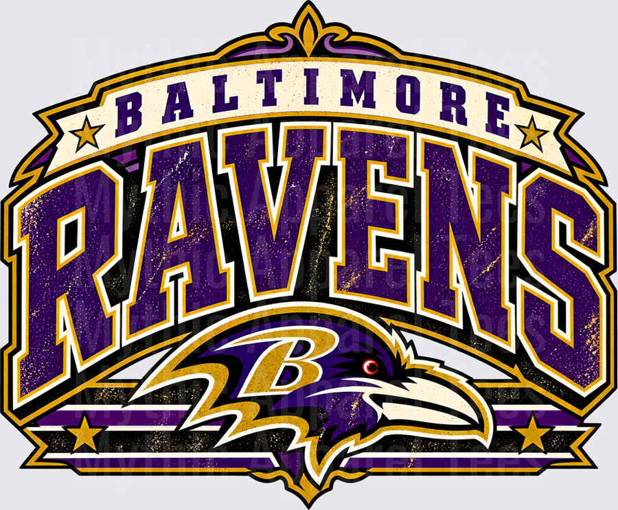 Baltimore Ravens Vintage Distressed Bold Arch Logo with Raven Mascot and Gold Stars