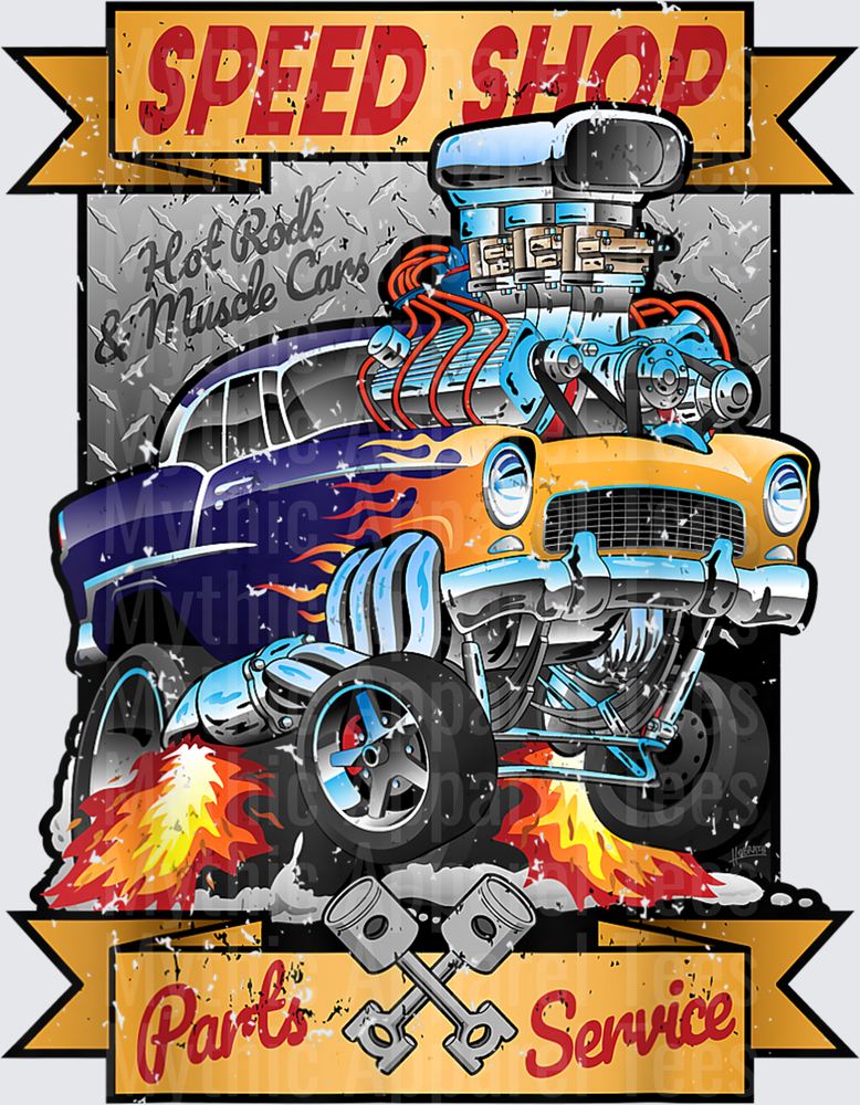 Speed Shop Hot Rod Muscle Car Cartoon Graphic T-Shirt