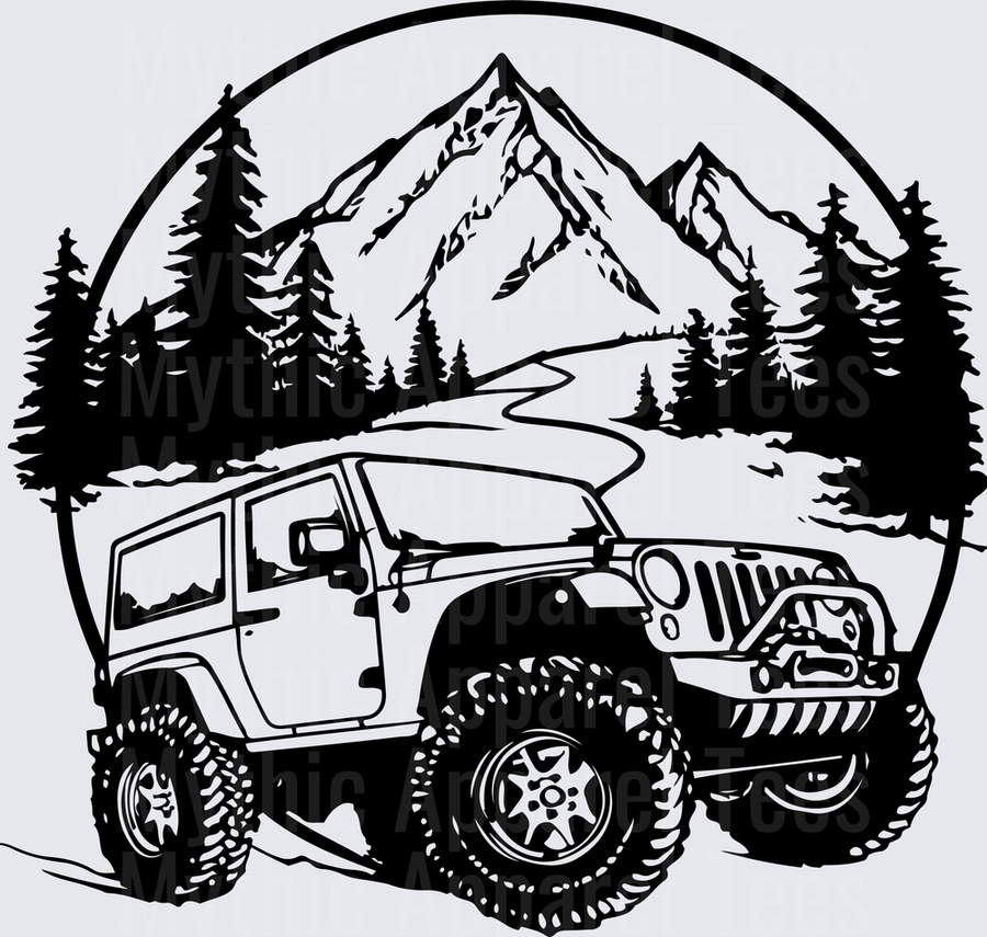 Off Road Jeep Wrangler Mountain Trail Pine Tree Circle Scene