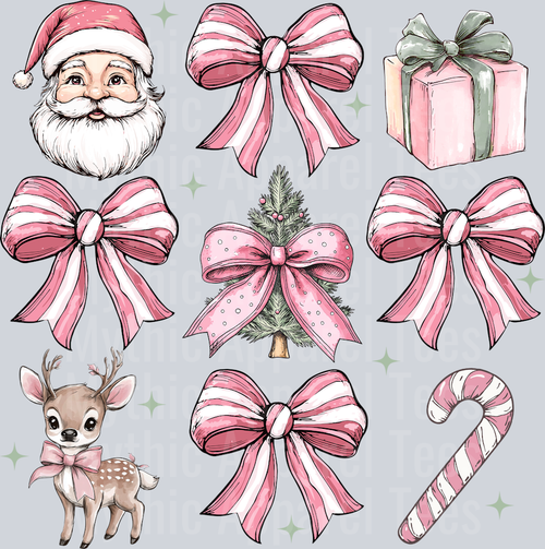 Pink bows presents and santa DTF Christmas Transfers