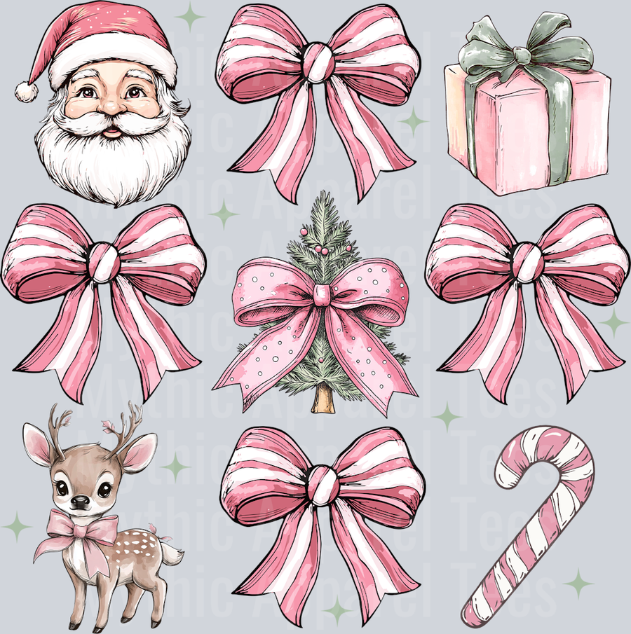 Pink bows presents and santa DTF Christmas Transfers