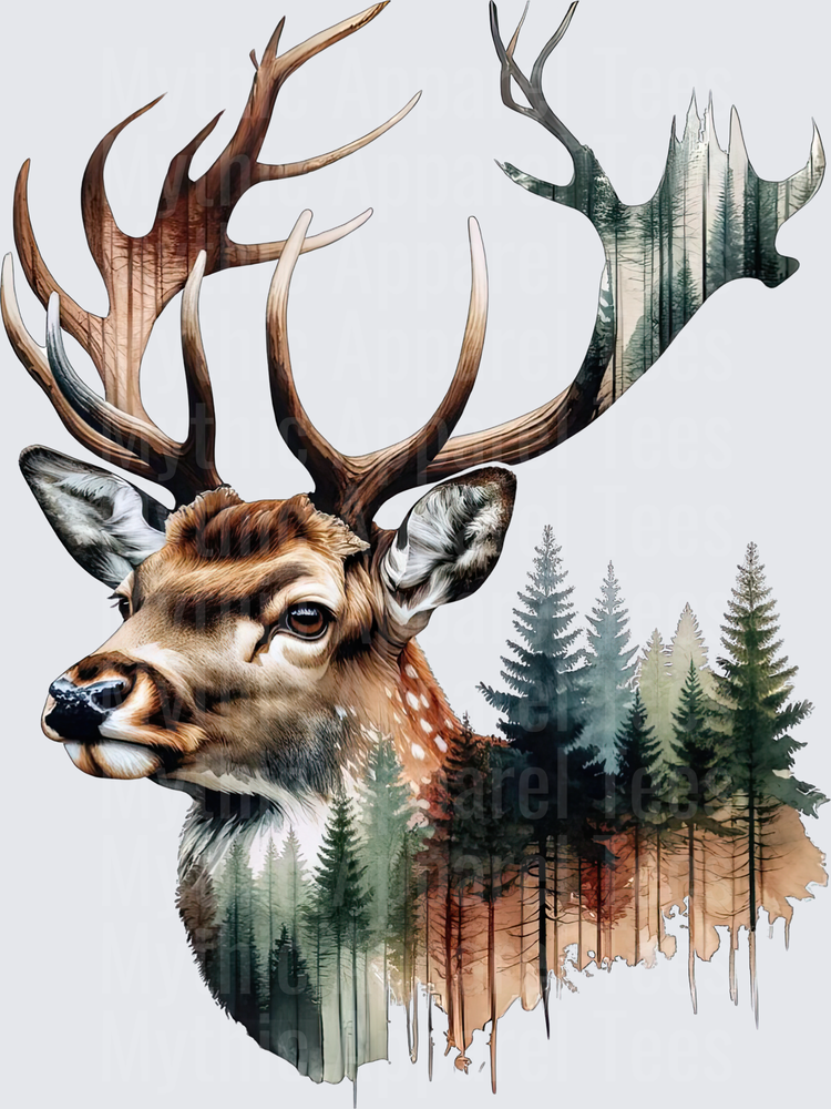 Watercolor Double Exposure Buck Portrait with Pine Forest Landscape Blended Into Antlers