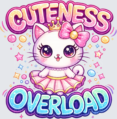 Cuteness Overload Kawaii Princess Kitty Cat with Crown and Pink Bow Tutu Dress Surrounded by Colorful Stars and Bubbles