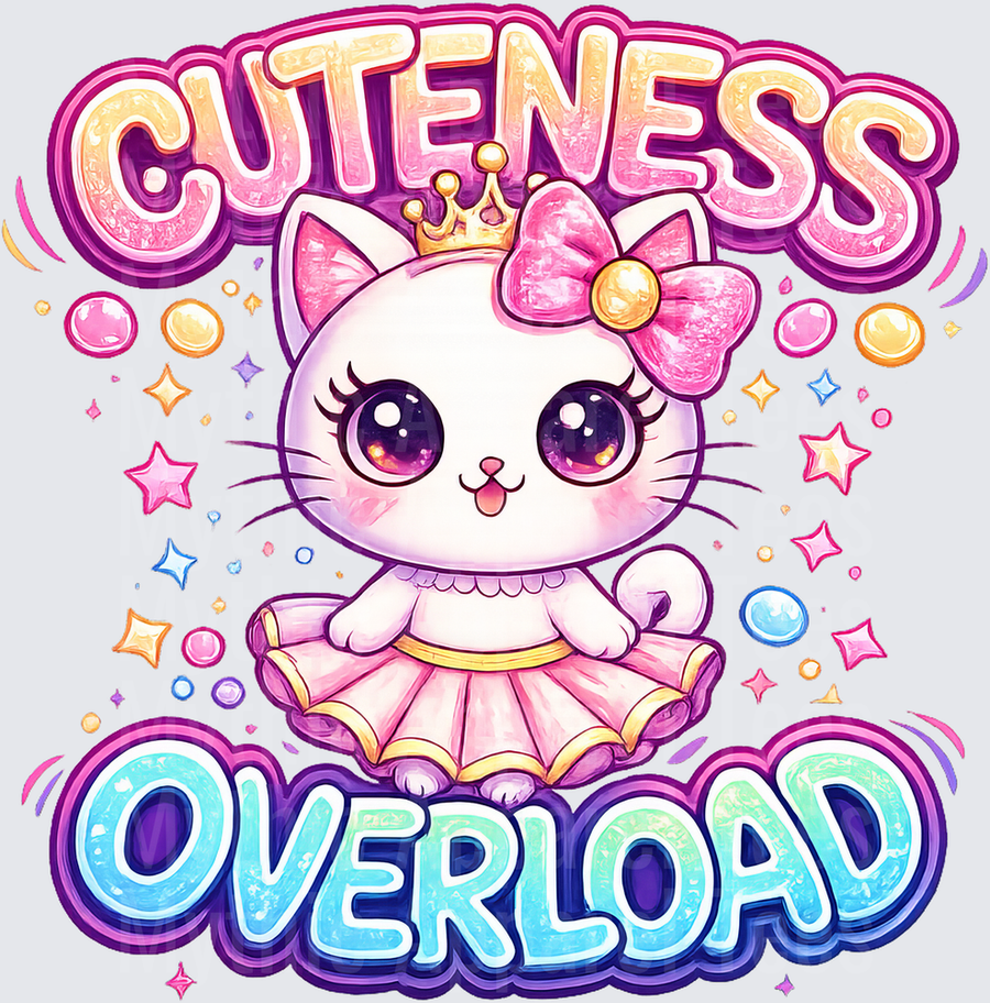 Cuteness Overload Kawaii Princess Kitty Cat with Crown and Pink Bow Tutu Dress Surrounded by Colorful Stars and Bubbles