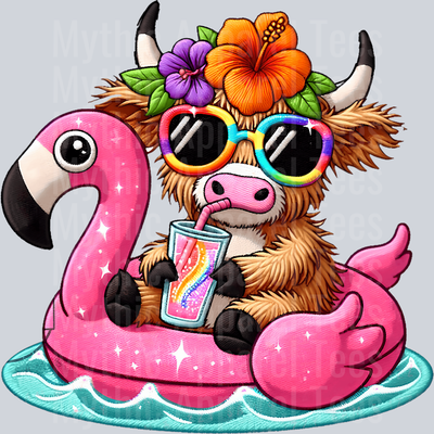 Summer Highland Cow on pink flamingo DTF Highland Cow Transfers