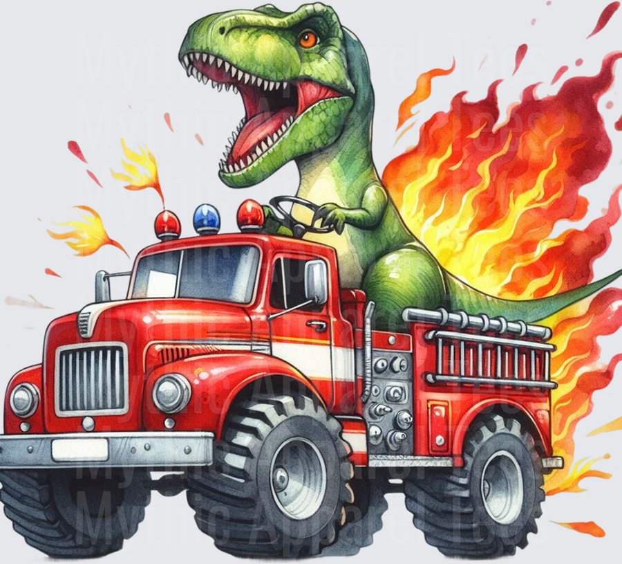 T-Rex Driving Red Fire Engine Monster Truck With Flames