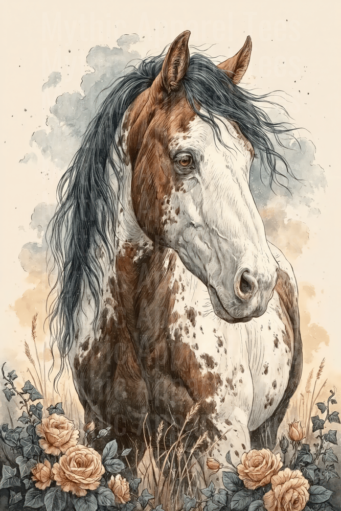 Appaloosa Horse Portrait with Golden Roses and Wild Grasses Watercolor Illustration