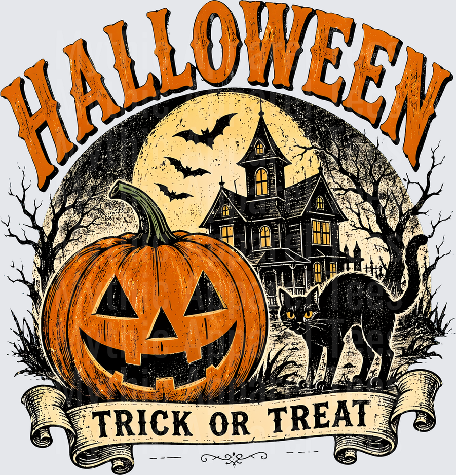 Halloween Trick or Treat Vintage Haunted House Jack-O-Lantern Black Cat Full Moon Bats Retro Banner Design