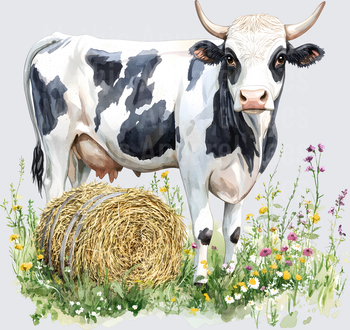 Farm Life and Farm Animals Watercolor Holstein Cow Hay Bale Wildflowers