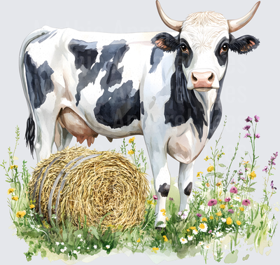 Farm Life and Farm Animals Watercolor Holstein Cow Hay Bale Wildflowers