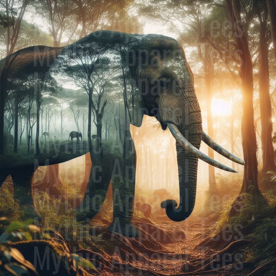 Majestic African Elephant Double Exposure Misty Forest Sunrise Wildlife Nature Art