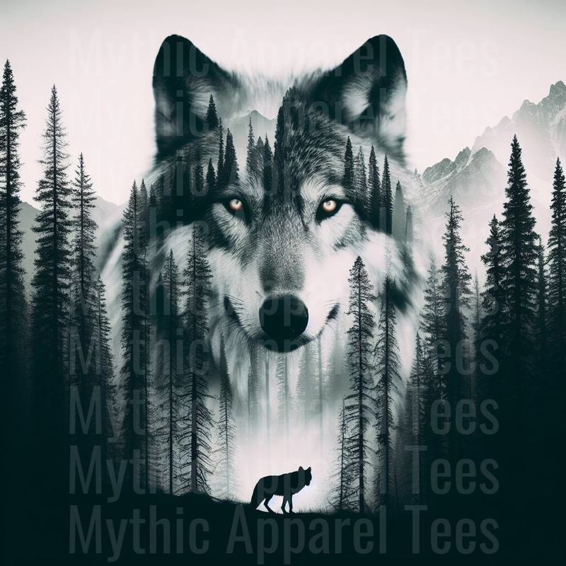 Majestic Wolf Double Exposure with Misty Pine Forest Mountains and Lone Wolf Silhouette