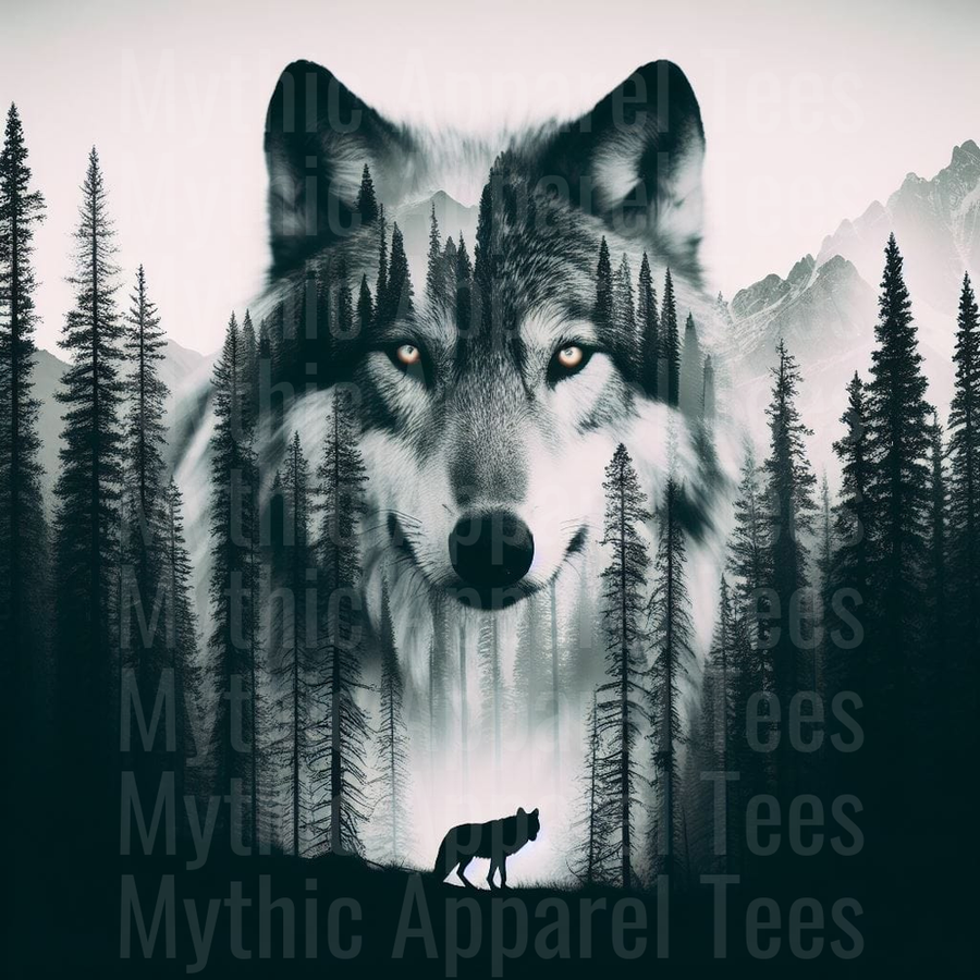 Majestic Wolf Double Exposure with Misty Pine Forest Mountains and Lone Wolf Silhouette