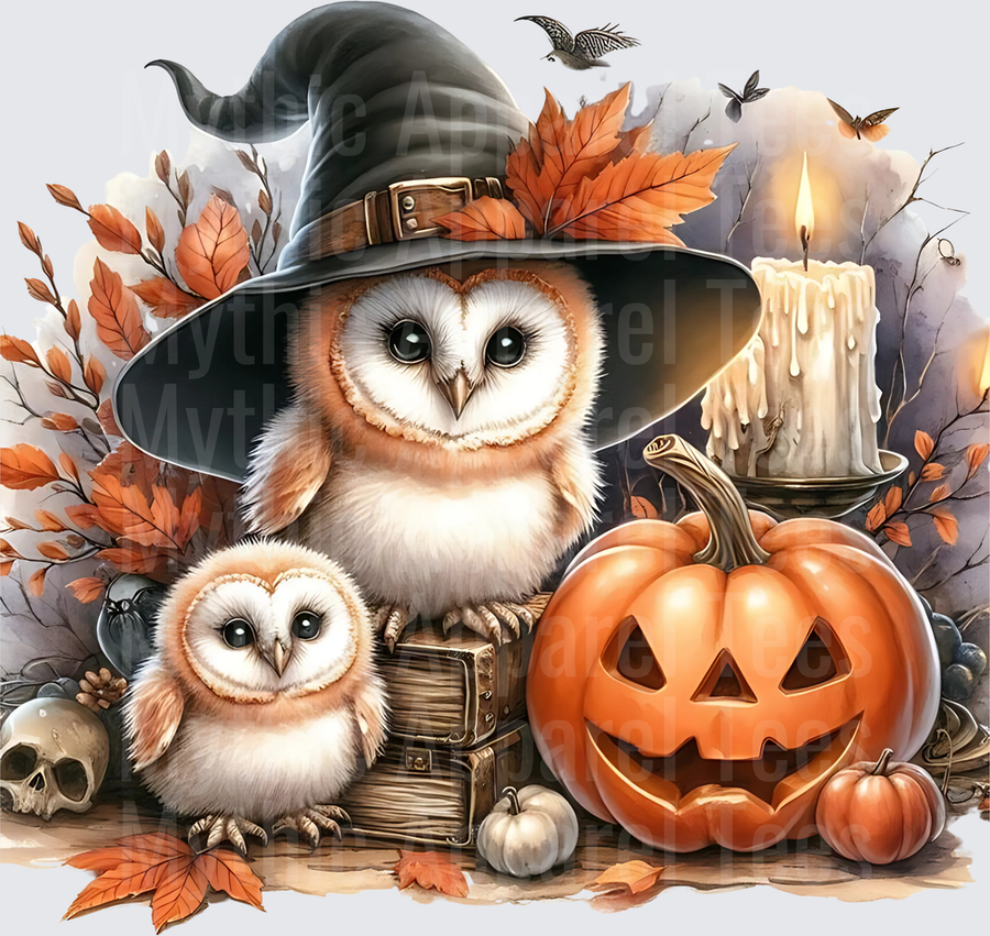 Watercolor Barn Owl Witch Hat Baby Owl Jack-O-Lantern Candle Autumn Leaves Halloween Scene