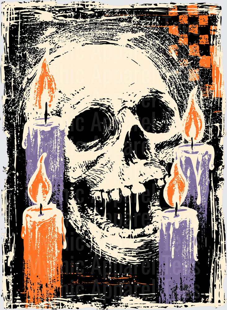 Distressed Halloween Skull with Orange and Purple Dripping Candles on Black Checker Background