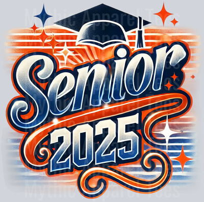 0012 Senior 2025 Airbrushed Orange and Blue DTF 2025 Senior Graduation Transfers
