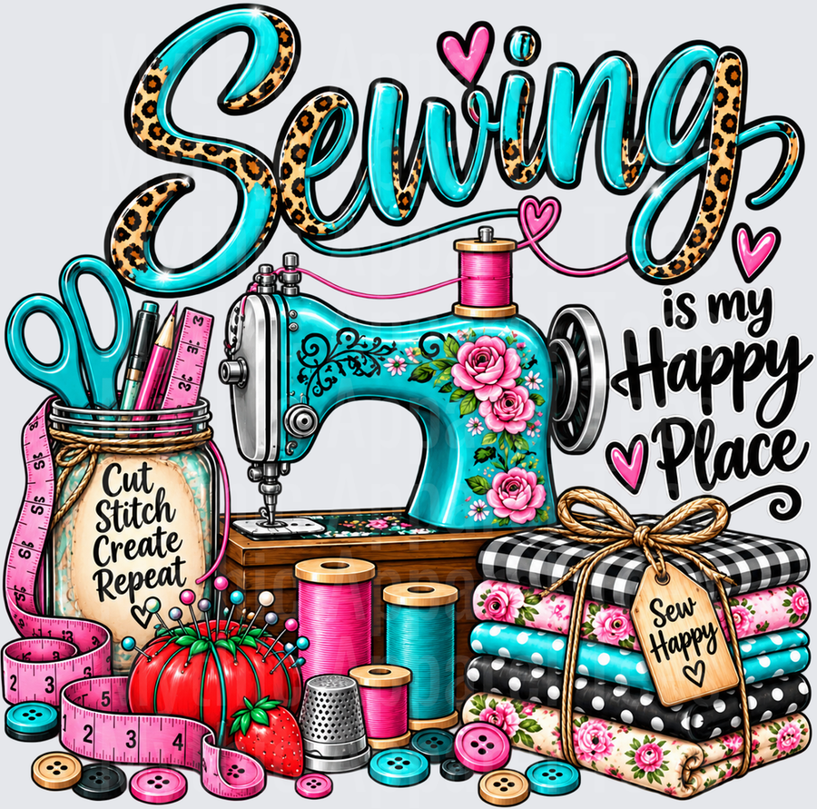 Sewing Is My Happy Place Leopard Print Teal Vintage Floral Sewing Machine Cut Stitch Create Repeat Mason Jar Sew Happy Fabric Stack