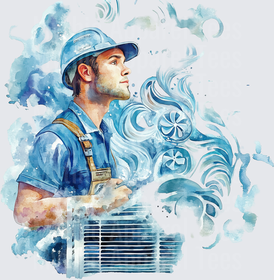 HVAC Technician Watercolor Portrait with AC Unit and Swirling Cool Air Fan Blades