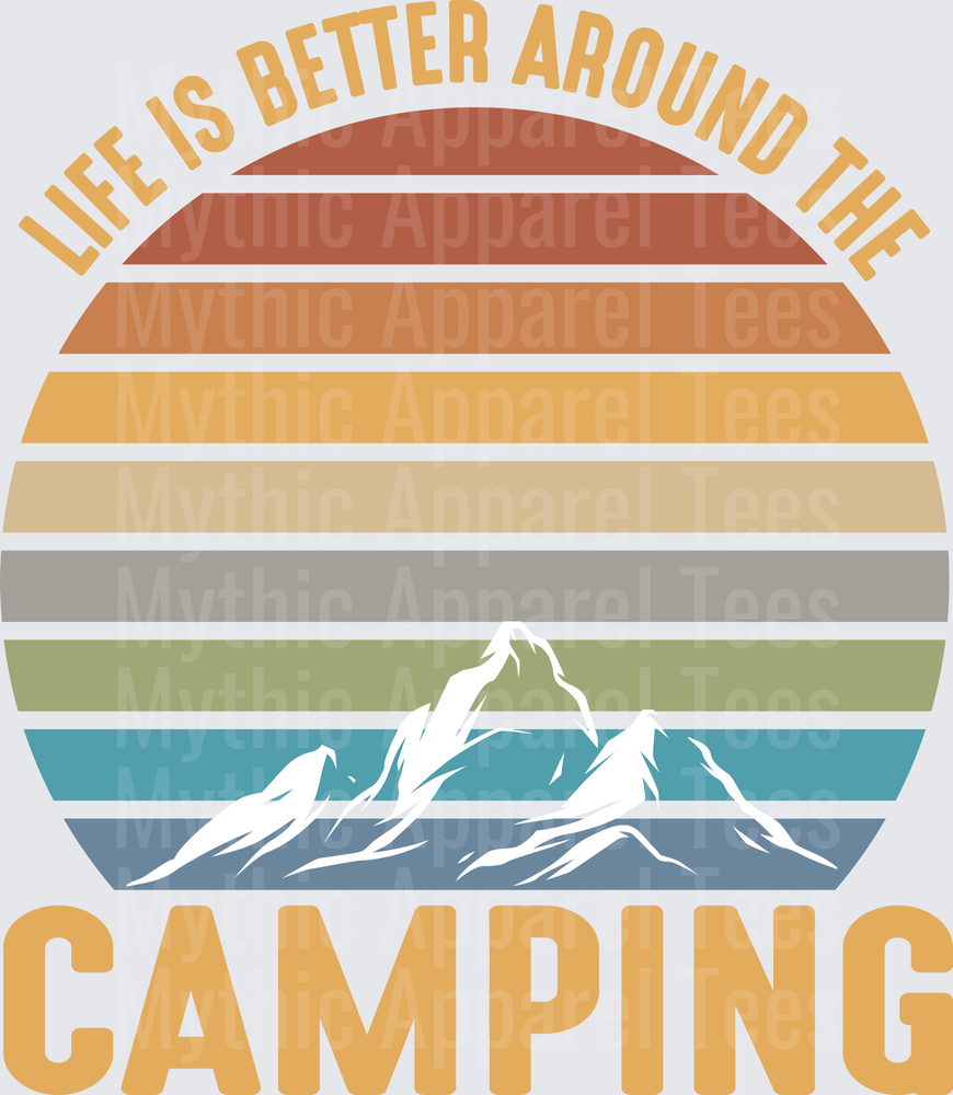 Life Is Better Around The Camping Retro Sunset Mountain Range Striped Vintage Outdoor Nature Graphic