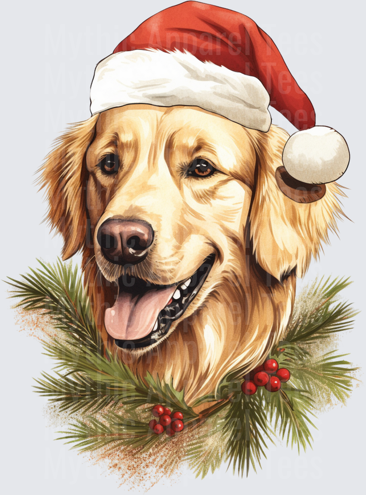 Smiling Golden Retriever Santa Hat Christmas Holly Berry Wreath Holiday Dog Portrait