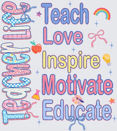 Retro Patchwork Teacher Teach Love Inspire Motivate Educate with Rainbow Apple Bow and Sparkles