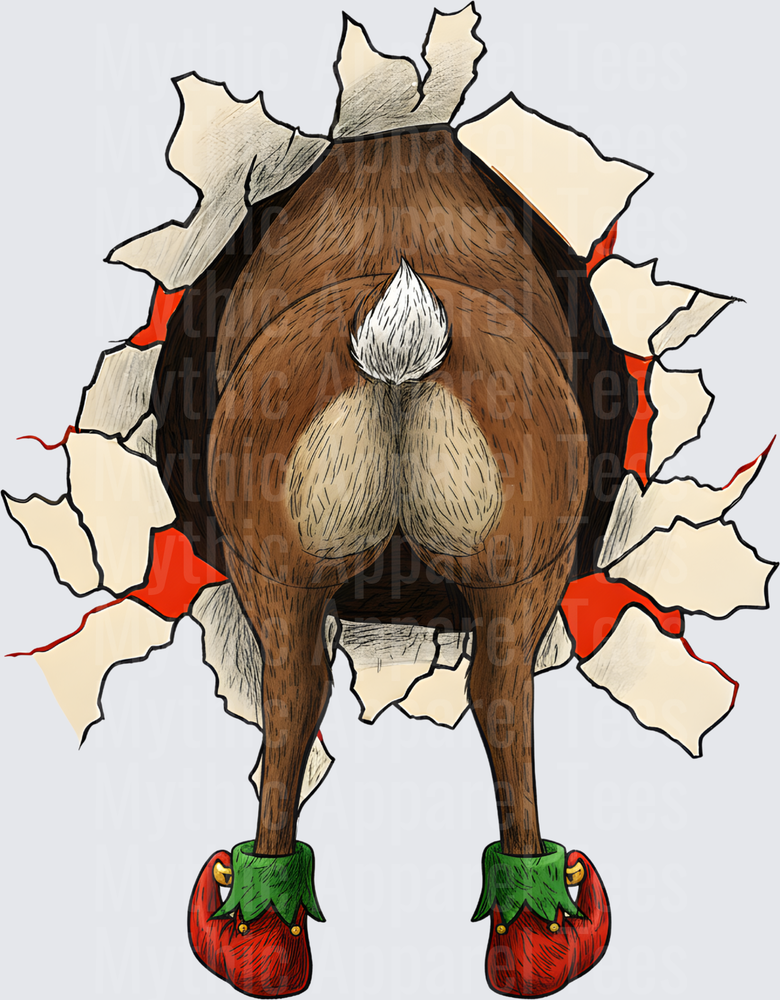 Reindeer Butt Bursting Through Wall Wearing Elf Shoes Christmas Funny