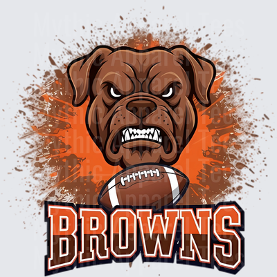 Fierce Growling Bulldog Biting Football Orange Splatter Browns Fan Design