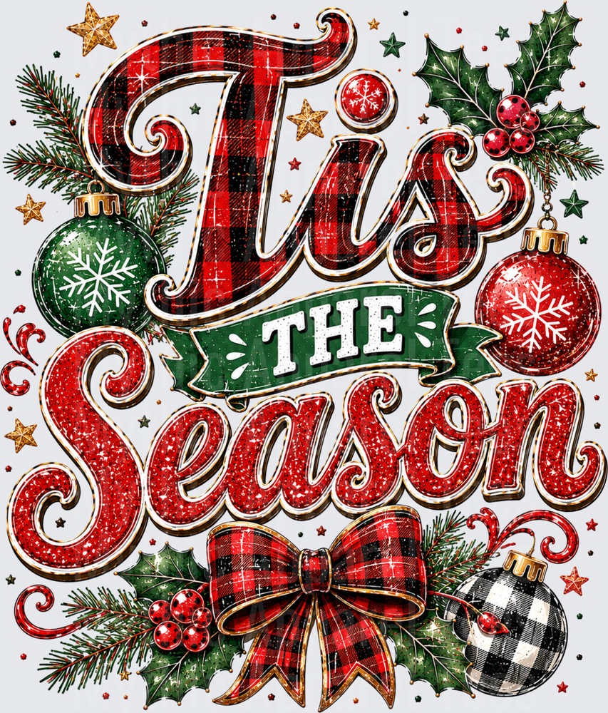 Tis The Season Buffalo Plaid Glitter Christmas Ornaments Holly Berry Bow Holiday Festive Design