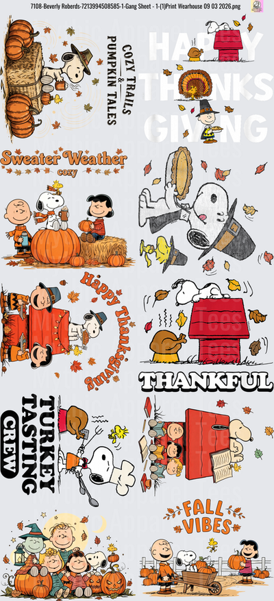 Gang Sheet FULL SIZE DESIGNS Peanuts Snoopy Charlie Brown Fall Thanksgiving Collection