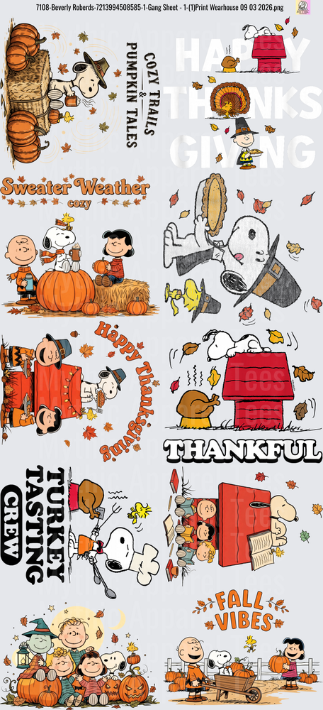 Gang Sheet FULL SIZE DESIGNS Peanuts Snoopy Charlie Brown Fall Thanksgiving Collection