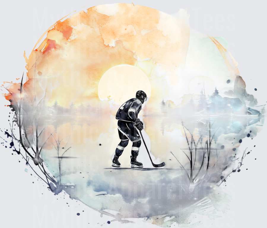 Ice Hockey Player Watercolor Sunset Pond Winter Scene