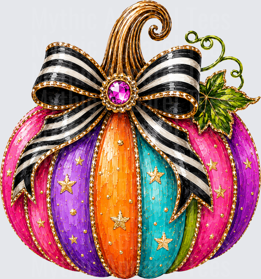 Halloween Glam Multicolor Striped Pumpkin with Black and White Bow Pink Gem Gold Stars and Curled Vine