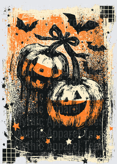 Distressed Halloween Jack-O-Lantern Duo With Flying Bats Stars And Bow Vintage Grunge Orange Black Art