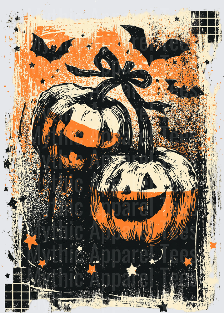 Distressed Halloween Jack-O-Lantern Duo With Flying Bats Stars And Bow Vintage Grunge Orange Black Art